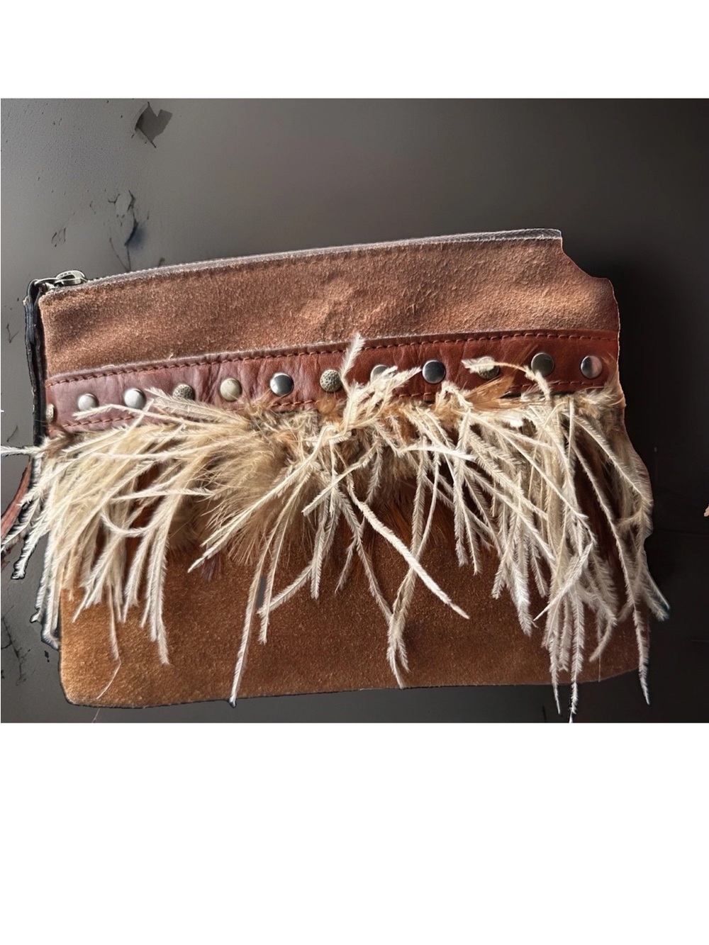 Suede Fringe Clutch with Feather Trimmed by Patricia Nash